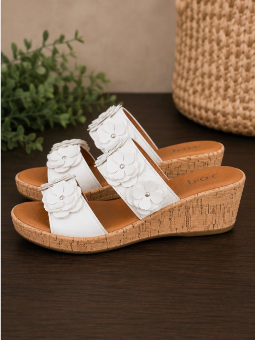 BOC White Floral Slide Cork Sandals | Flower Embellished | Size 7 | Brand New